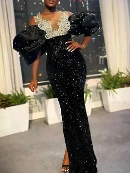 Ejiro Sequin Evening Dress with Structured Sleeves