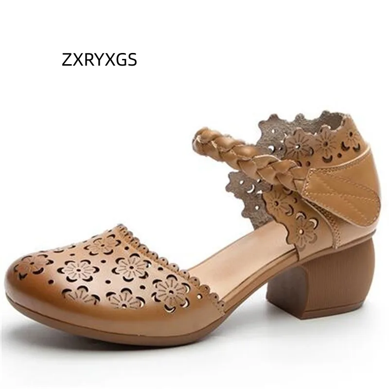 

ZXRYXGS 2024 новые женские босоножки из коровьей кожи с открытым боковым носком Летние кожаные сандалии элегантные трендовые