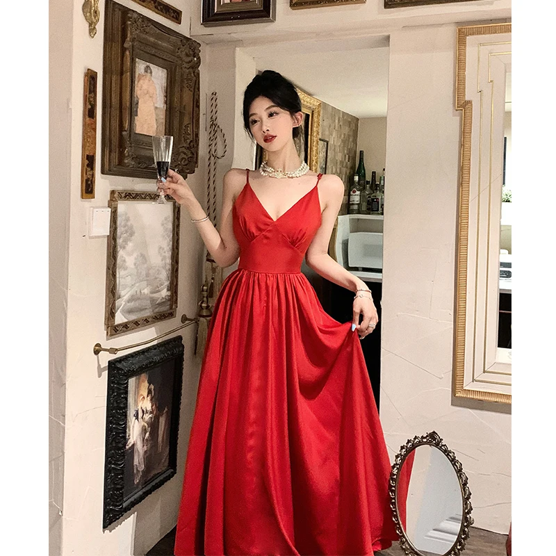 Sexy Spaghetti Strap Evening Party Dress V-neck A-line Solid Vintage Long Dresses for Women Wedding Prom Robe One Piece Vestidos