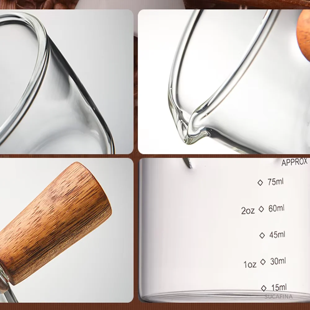 75ML Glass Coffee Measuring Cup With Scale Wooden Handle espresso Milk Latte Transparent Kitchen Coffee Accessories Barista Tool