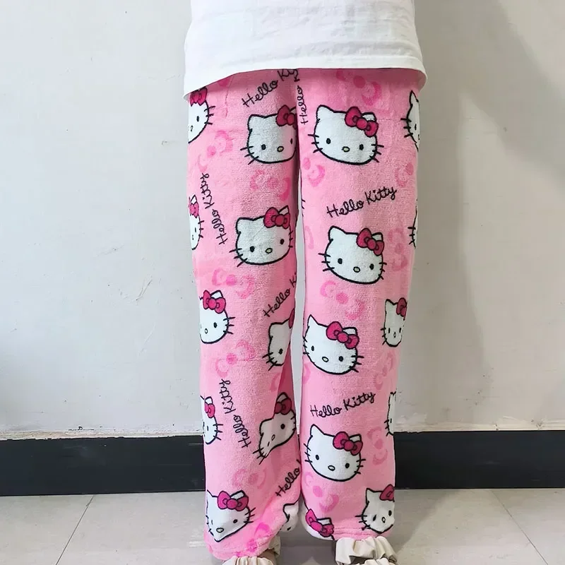 

Hello Kitty Pajama Pants Sanrio Anime Fleece Double Elastic Fabric Soft Trousers New Women Trousers Kawaii Cartoon Birthday Gift