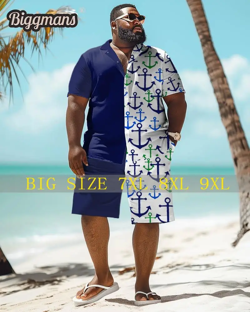Biggmans Shirt Plus Size Set L-9Xl for Summer Beach Clothing Oversize Hawaii Suit Men's Tropical Leaf Print Large 7XL 8XL