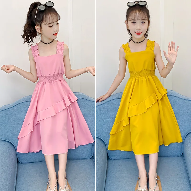 

Girls chiffon dress summer new style children Slip dress princess dresses Korean version Kids pure color dress