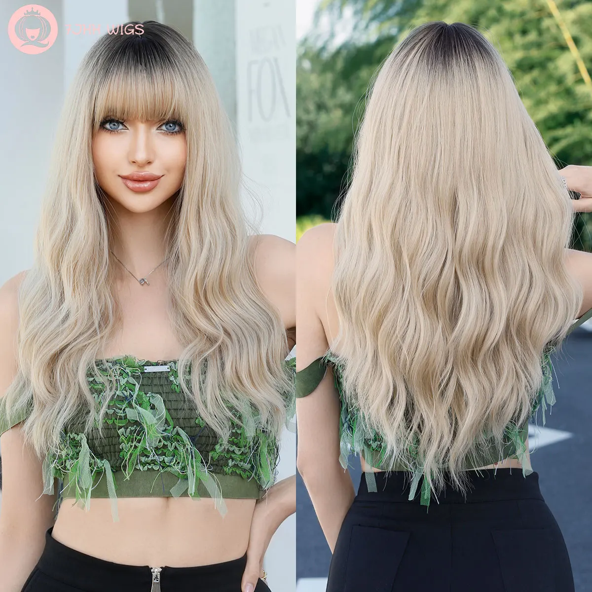 

7JHH WIGS Long Natural Brown Wig with Bangs Curly Wigs for Women,Heat Resistant Dark Brown Synthetic Water Wave Wigs for Daily