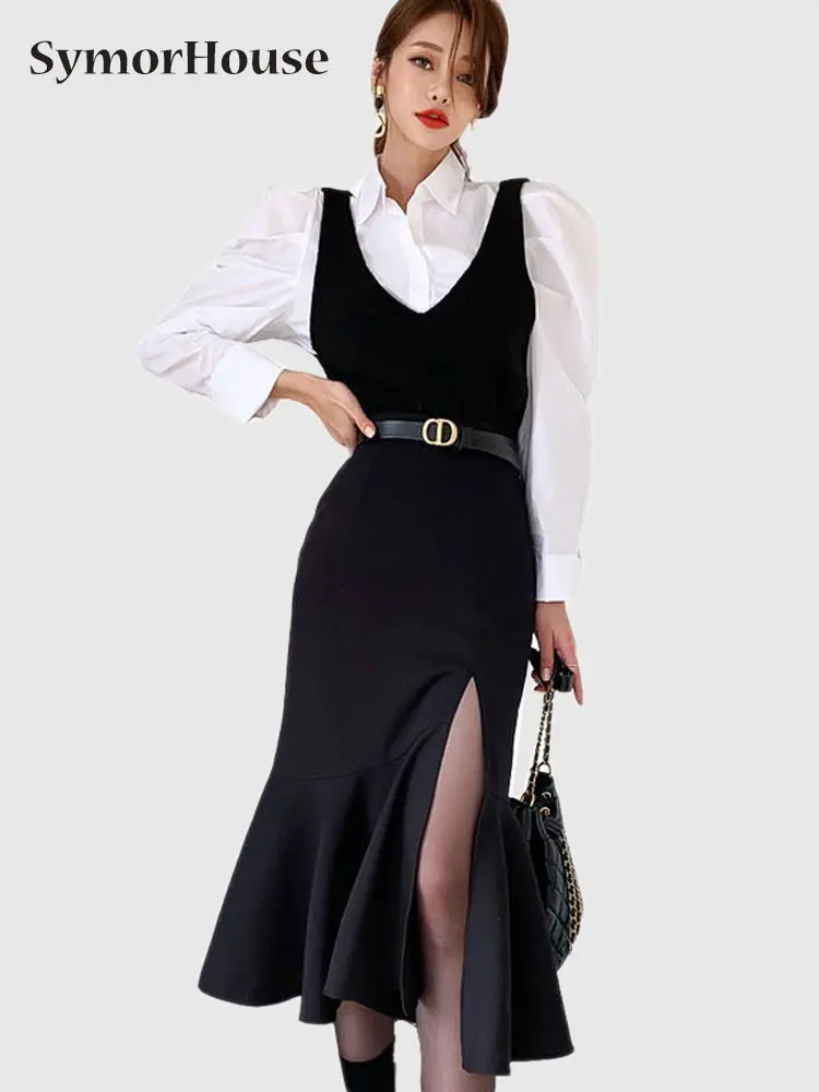 

Spring New 2 Pieces Set Women 2022 Long Sleeve White Shirts And High Waist Mermaid Tank Dresses Office Lady Skirt Suit Autumn