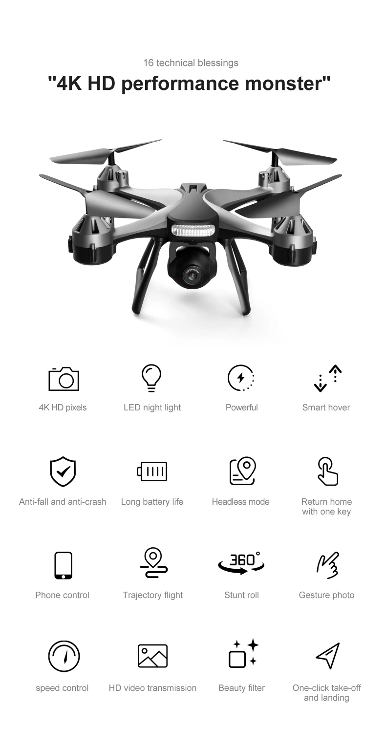 KBDFA JC801 Drone, 4k hd pixels led night light powerful smart hover anti-