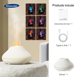 Volcanic Aroma Diffuser with Color Flame Night Light - 130ml Portable Essential Oil Lamp and USB Air Humidifier (White)