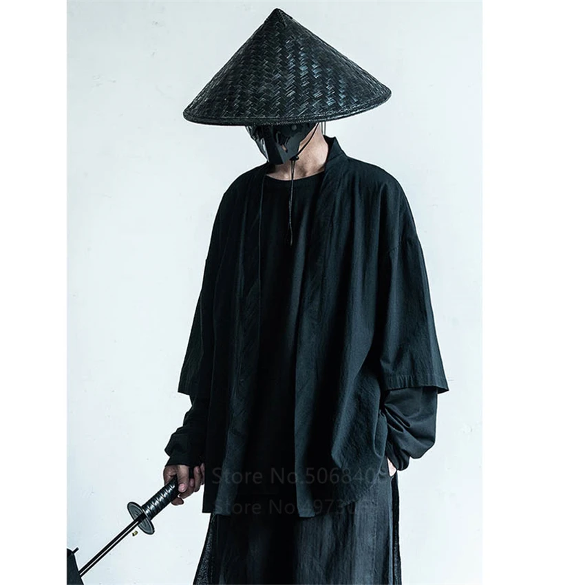 Japanese Streetwear Haori Men Traditional Kimono Cardigan Black Coat Jacket Harajuku Autumn Samurai Fashion Cosplay Costumes
