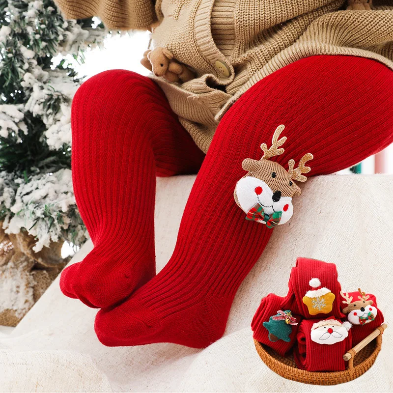 Festive Kids Cartoon Christmas Tights – Soft Cotton Red Leggings for Toddlers and Children