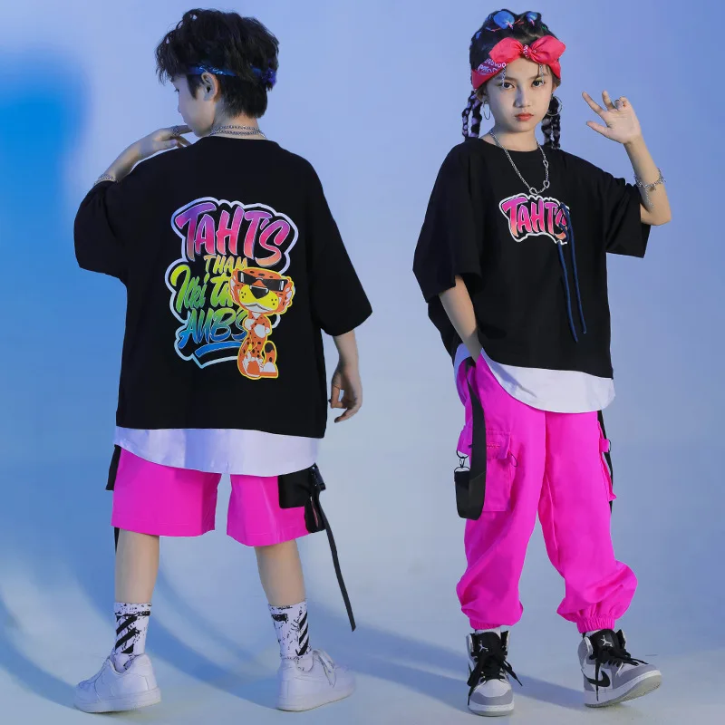 

Shirt Top Streetwear Cargo Pants for Girl Boy Jazz Dance Costume Clothes Kid Kpop Hip Hop Clothing Black White Print Oversized