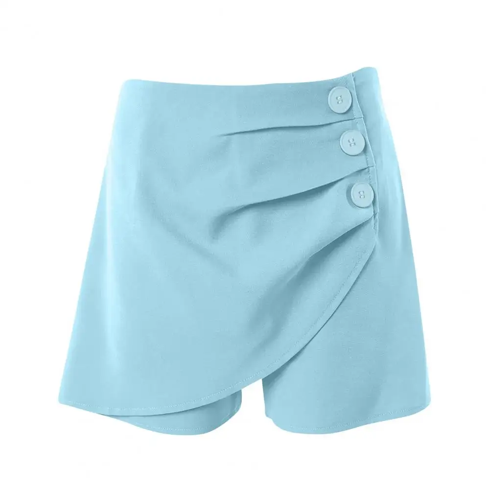 

Women Summer Shorts High Waist Asymmetric Pleated Button Decor Slim Fit Soft Tummy Control Above Knee Length Mini Shorts