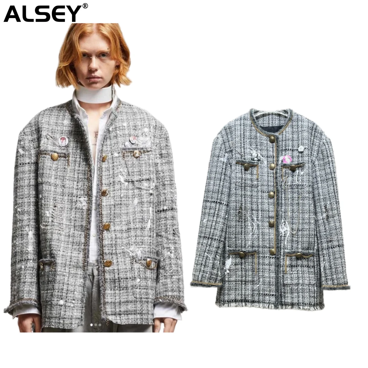 

Блейзер ALSEY из шерсти в клетку и ткани, Осень-зима 2023, модный металлический Блейзер ручной работы с круглым вырезом и цепочкой, шикарный дизайн, индивидуальный значок A09650