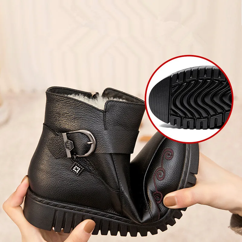 Winter New Fashion Women Genuine Leather Ankle Boots Female Plush Thick Keep Warm Waterproof Snow Boots Mother Non-slip Shoes