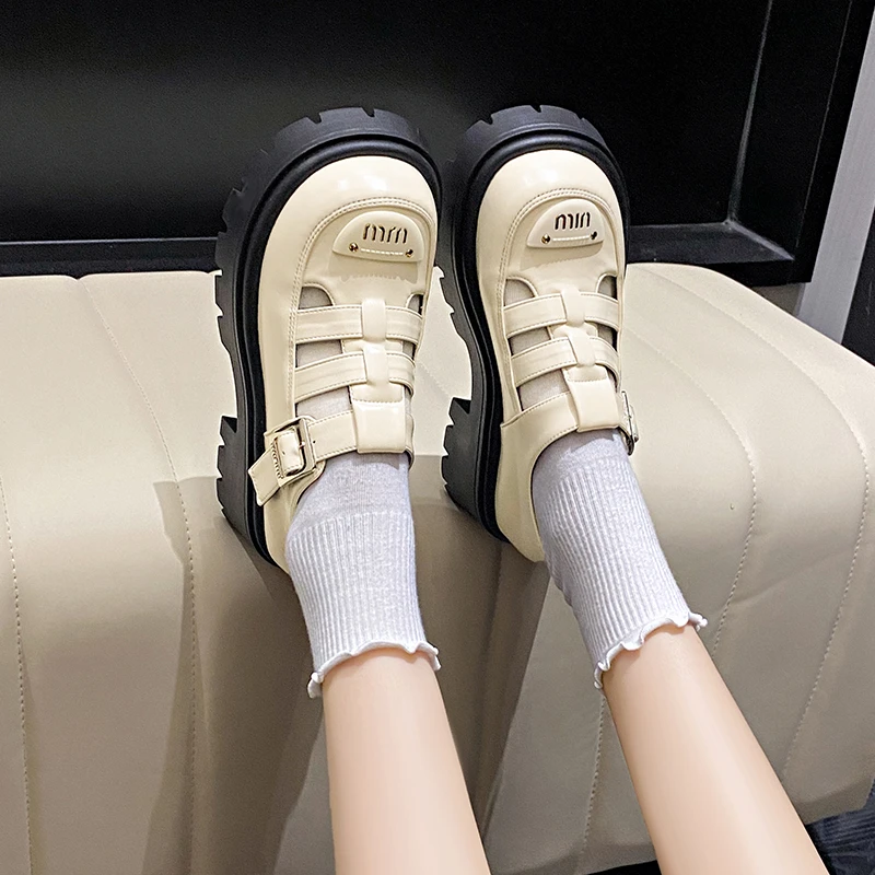 

Soft Leather Thick Soled Double Wear Crocs Sandals Women's Summer New Style of Height-raised Hollow Woven Casual Roman Shoes