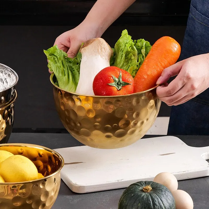 Gold Stainless Steel Hammer Point Fruit Bowl Salad Plate Egg Pot Thickened Baking Mixing Cooking Bowl Creative Decoration 1pcs