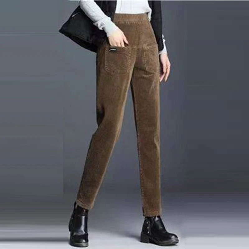 Women Clothes 2023 Autumn Winter Vintage Corduroy Pockets Plush Thick Pants Solid High Waist Straight Trousers Casual Pantalones