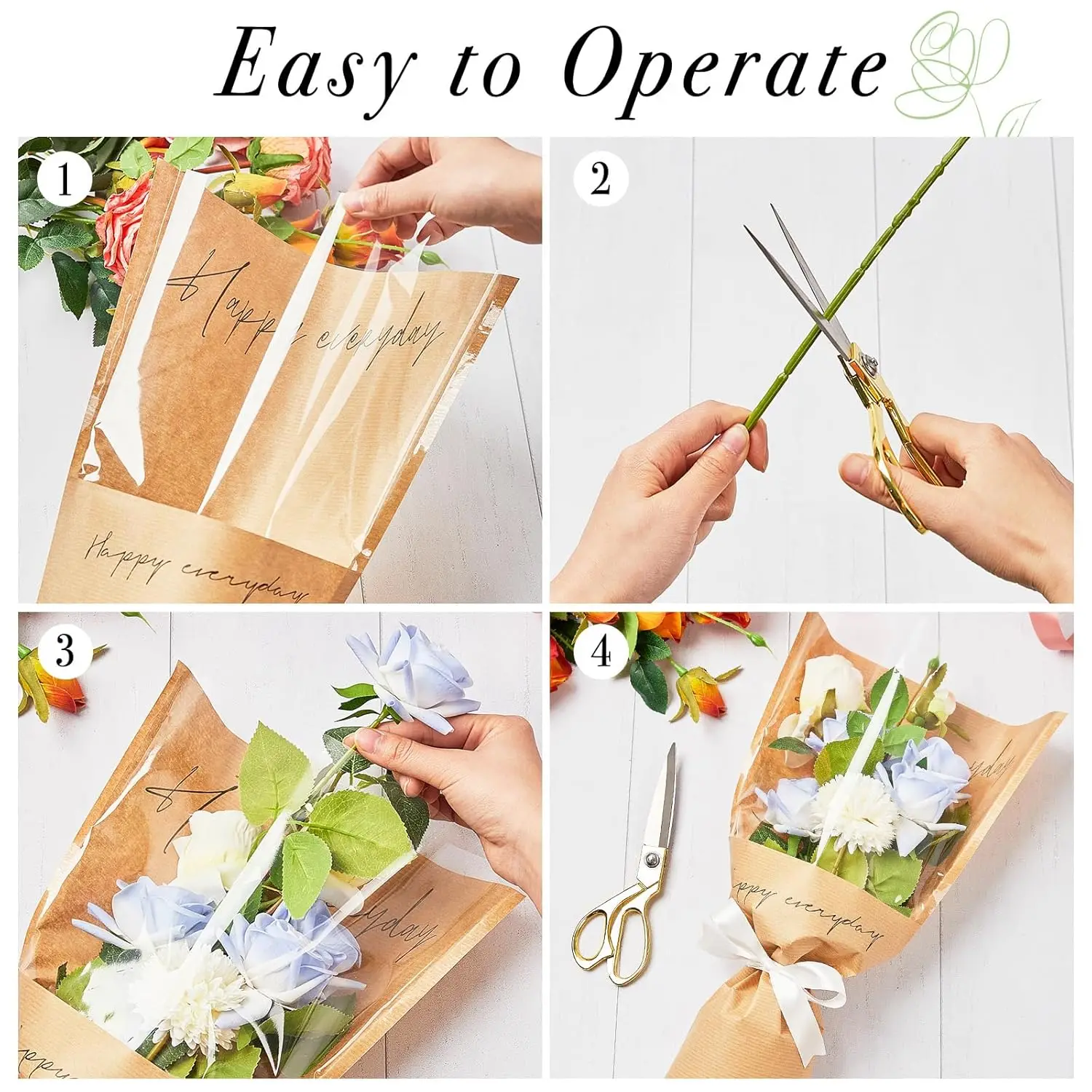 Rikyo Confezione da 100 sacchetti trasparenti per bouquet di rose, maniche trasparenti per bouquet di fiori, fiori secchi, forniture per composizioni floreali, da singolo a 3 pezzi più rose a stelo
