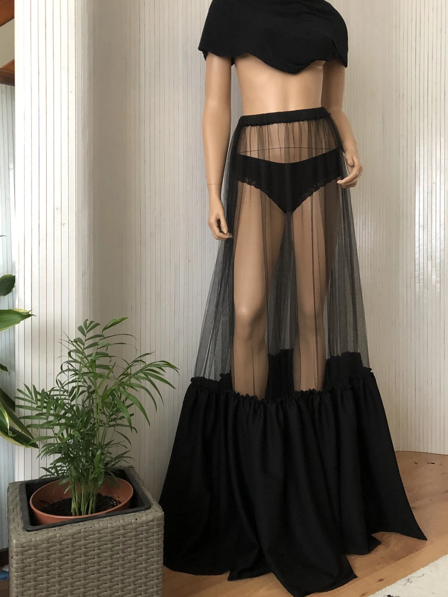 Fashion Sexy Women Mesh See-Through High Waist Skirt