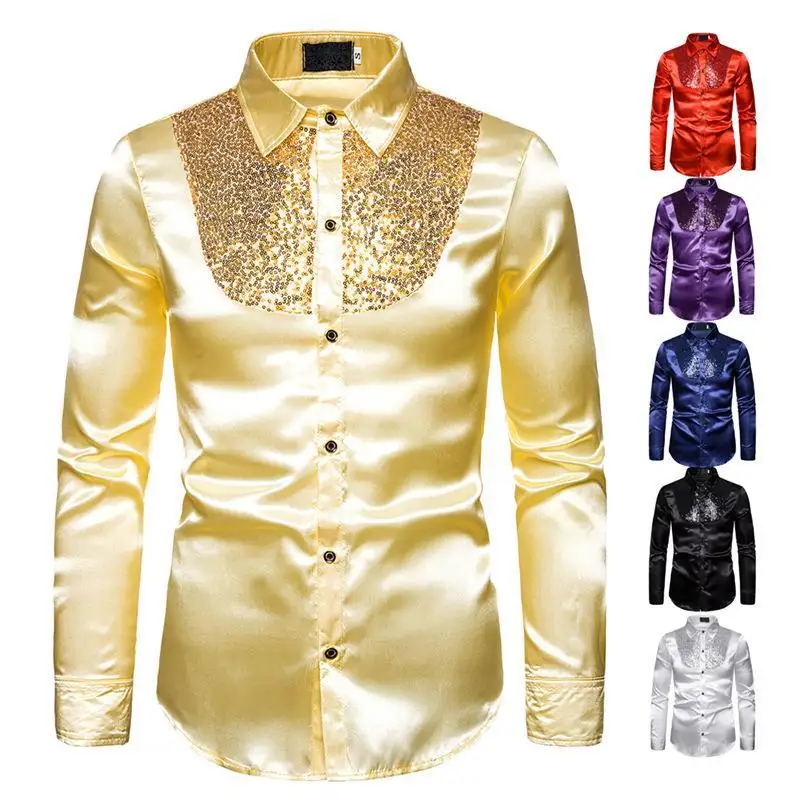 Mens Shirt Sequin Performance Nightclub Lapel Long Sleeved Shirt