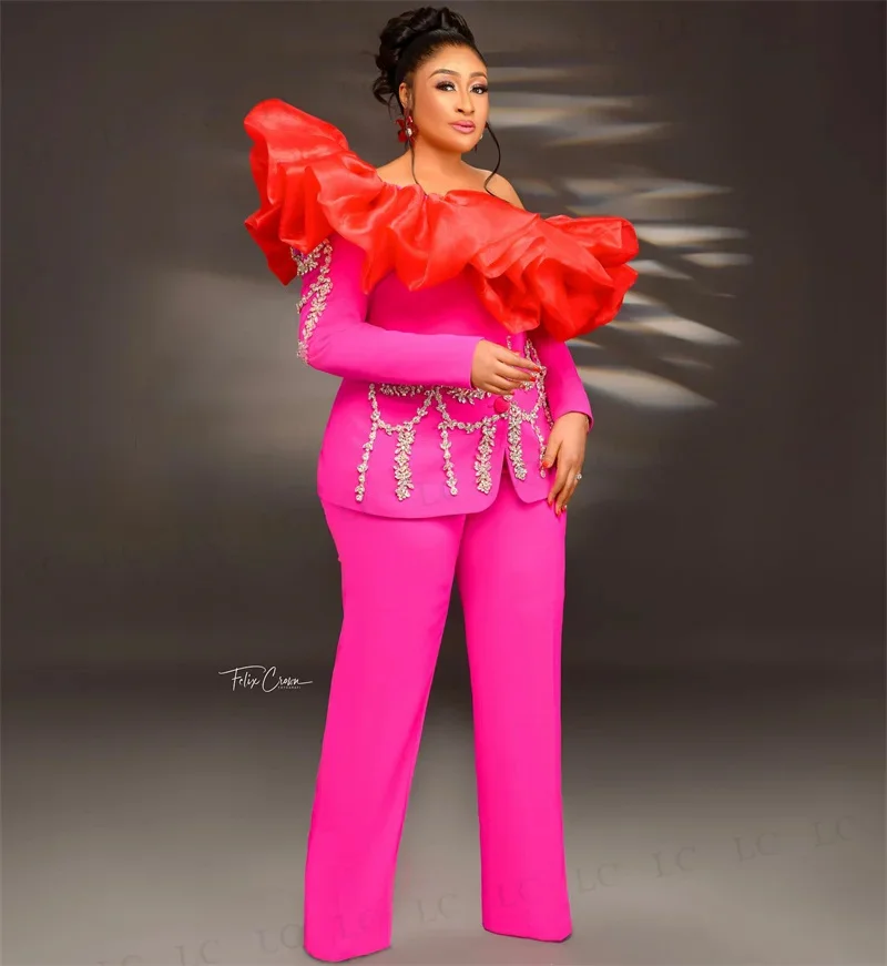 Fashion Women Suits 2 Piece Blazer Pants One Button Beads Appliques Off Shoulder Waistless Party Slim Fit Plus Size Tailored