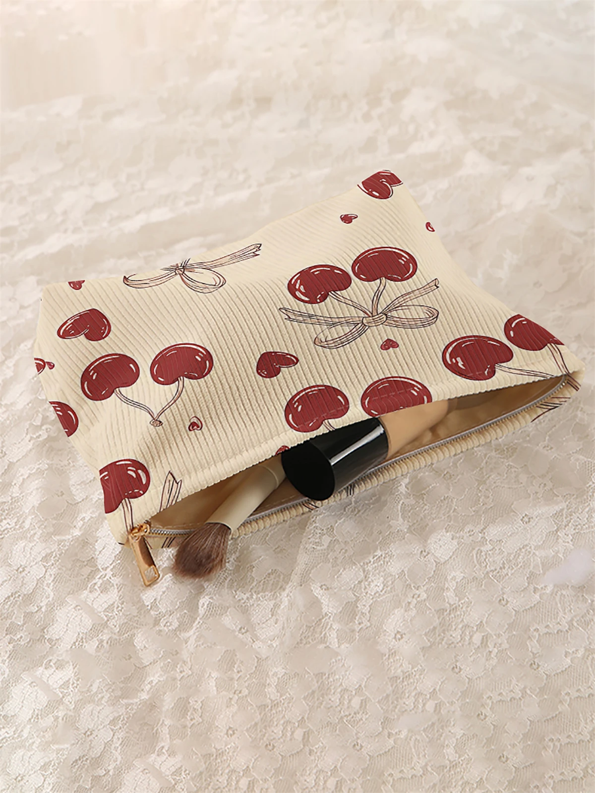1 cherry patterned corduroy makeup bag, lightweight zipper makeup storage box, multifunctional bag with lining