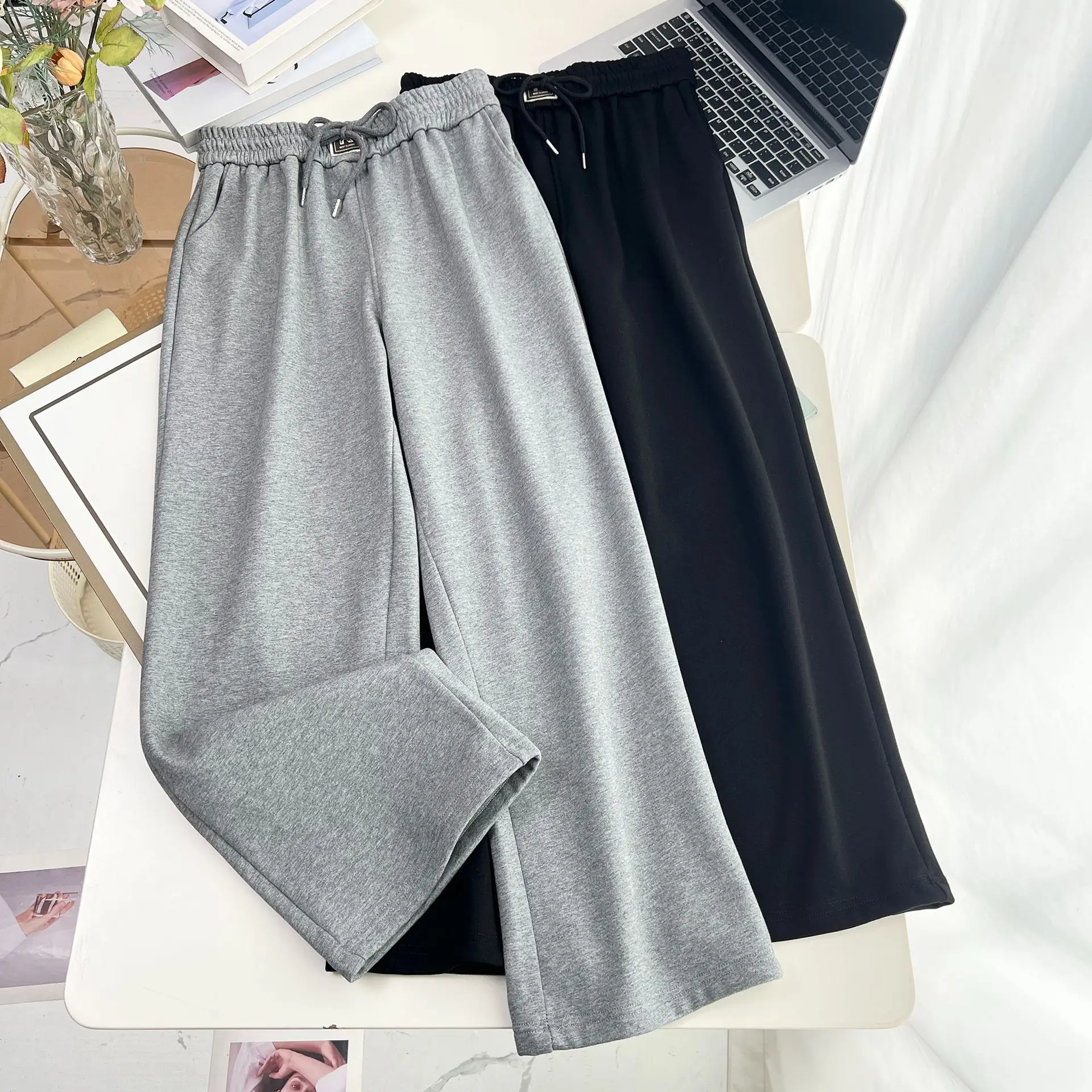 XXXXL Fashion Plus Size Women's Straight Leg Pants New Clothing Autumn Winter 2025 Simple Drawstring Waist Fleece Warm Trousers