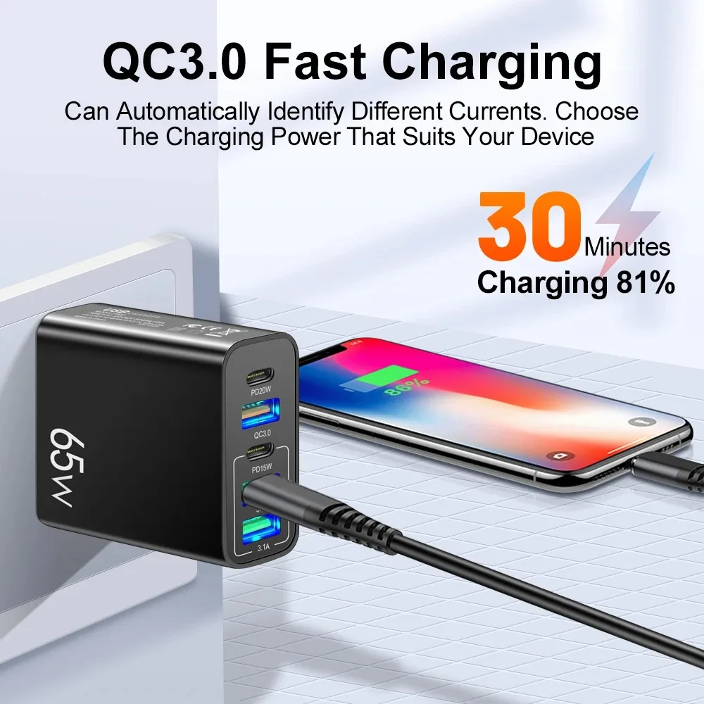 Multi Port USB Charger PD 65W Fast Charging Charger Power Adapter EU/US/UK Plug