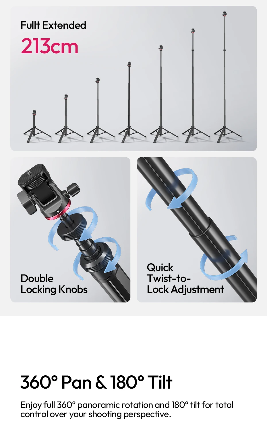Auto-Open Tripod 2M Ground Tripod Light Stand Selfie for Camera Smartphone Video