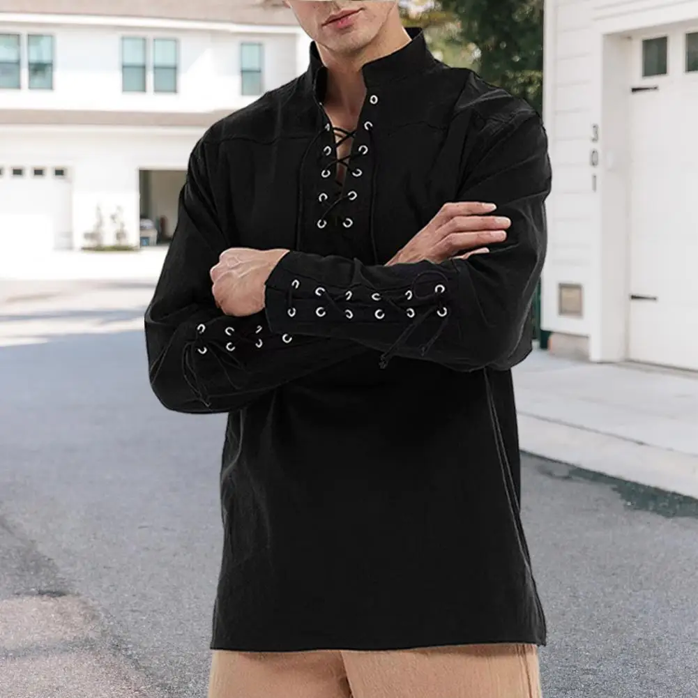 

Men Punk Style Shirt Gothic Punk Pirate Style Men's Stand Collar Shirt with Lace-up V Neck Long Sleeves Soft for Spring
