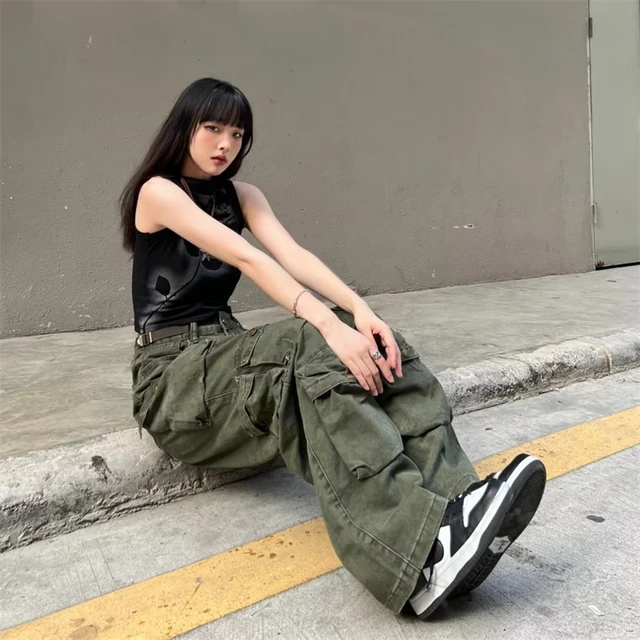 Retro Street Wide Leg Pants Hot Girl Sports Pocket Elastic Waist