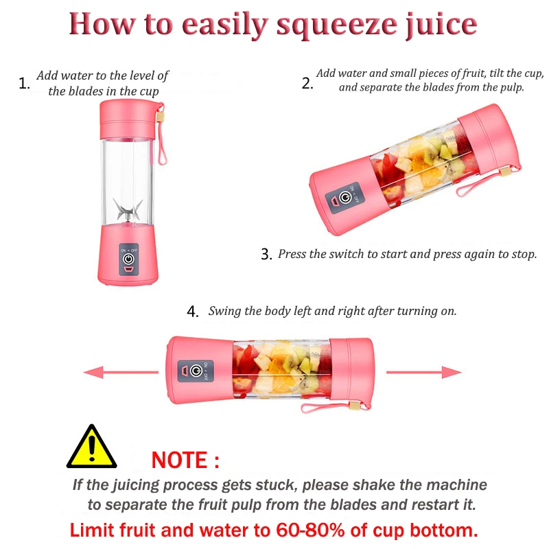 Portable Fruit Juice Cup USB Rechargeable  Electric 6 Blades Juicer Cup Machine Mini 380ml Blender Fruit Smoothie Food Juicer