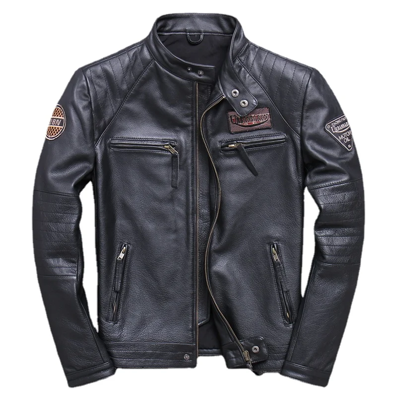 Men Genuine Leather Jacket Slim 100% Natural Cowhide Coat Fashion Biker Jackets Vintage  Real Leather Motorcycle Biker Clothing hidup top quality 100% solid cowhide pin buckle metal belts real pure cow genuine leather belt 3 8cm width clothing dswwj526