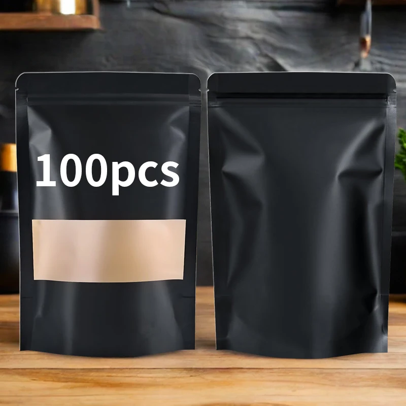 100pcs 도매 블랙 크래프트 종이 스탠드 업 파우치 창 재사용 가능한 식품 포..