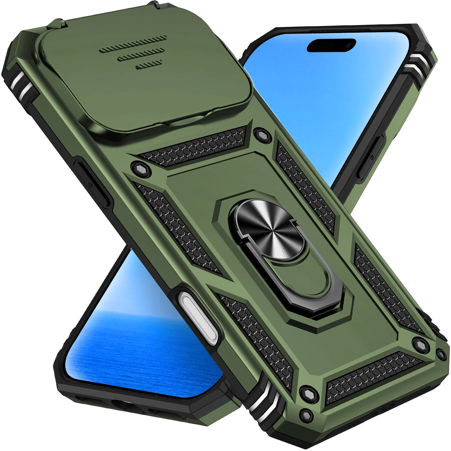 Slide Lens Cover Phone Case with 360° Rotating Ring Stand Protection