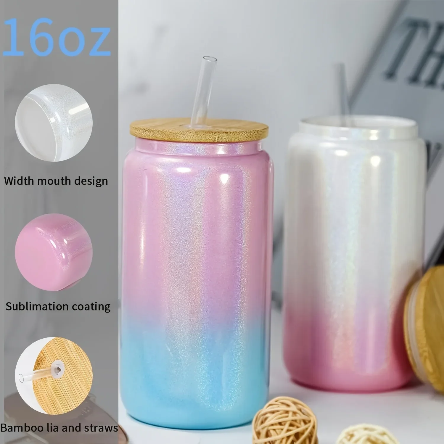 1pc 16oz Glass Tumbler Glitter Glass Jar Shimmer Beer Mug Can Shaped Drinking With Bamboo Lid And Reusable Straw DIY Gifts