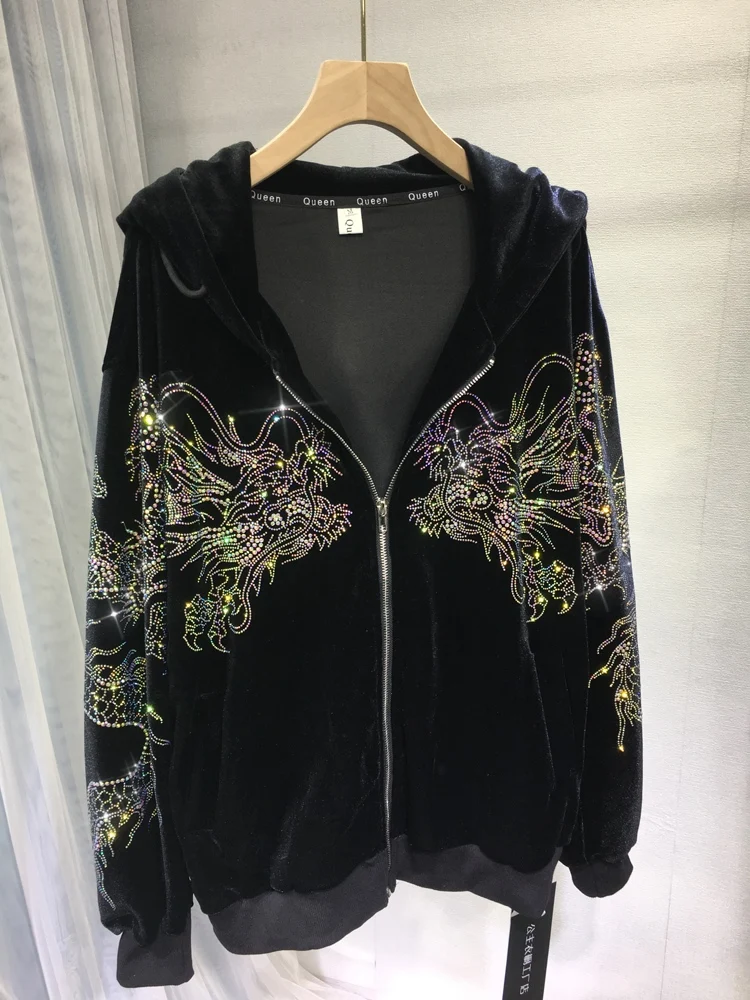 

Domineering Dragon Hot Drilling Jacket for Men/women High Quality Hooded Zip Cardigans Autumn Streetwear Black Velvet Coats