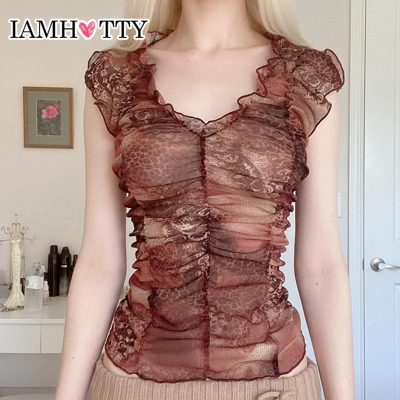 

IAMHOTTY Vintage Leopard Printed Top Women's Summer Folds Reverse Thread Ruched V-neck T-shirts French Chic Elegant Tees Street