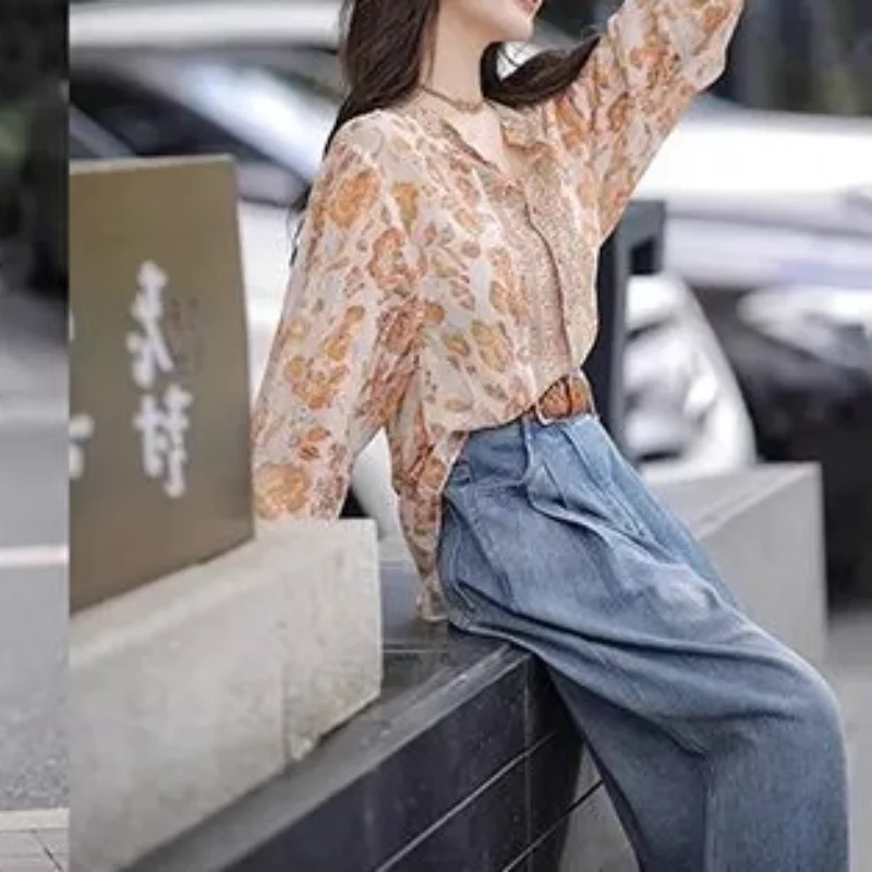 Spring and Summer New Commuter Versatile Oversize Fashion Print Spliced Button Lantern Sleeve V-neck Temperament Casual Shirt