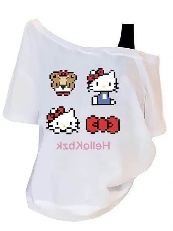 American Retro Cartoon ort Sve oulder Bared T irt Women's Summer Loose Top Cute Funny Print Casual Commute Sle