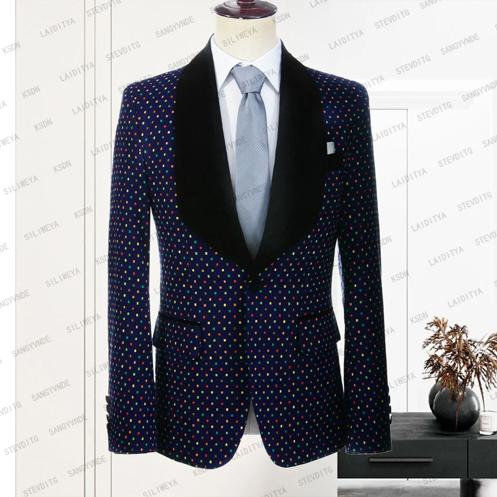 

2023 New Design Men Suit Slim Fit Formal Dark Blue Linen Black Lapel Casual Colourful Check Groom Tuxedo Jacket Blazer Coat