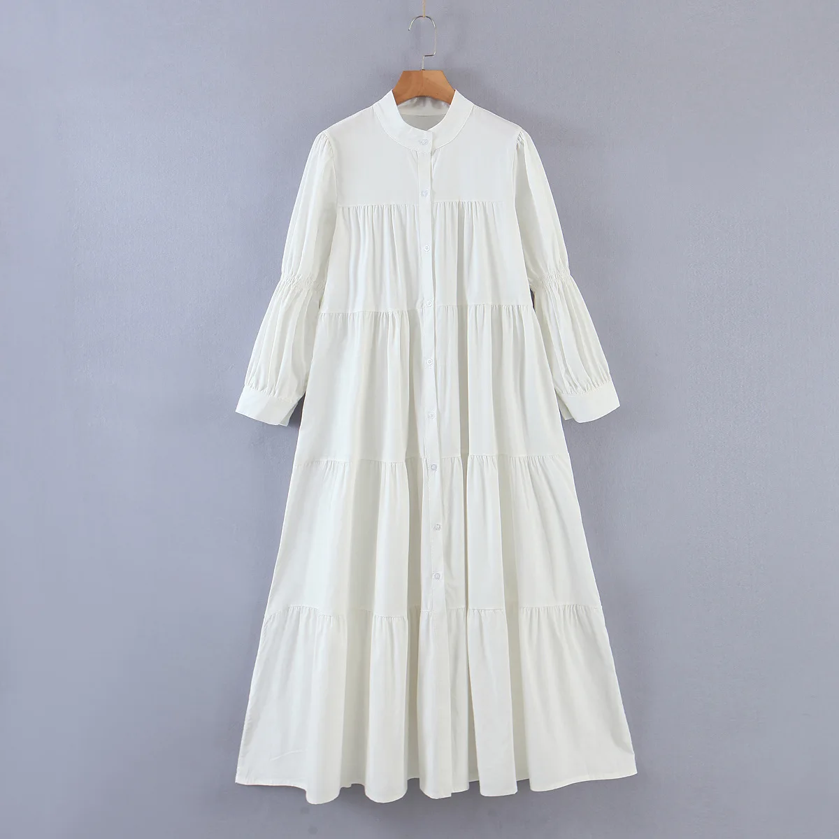 Muslim Women's White Dresses Temperament Stand Collar Pleated Puff Sleeve Shirt Dress Summer Middle East Female Slim Long Robe