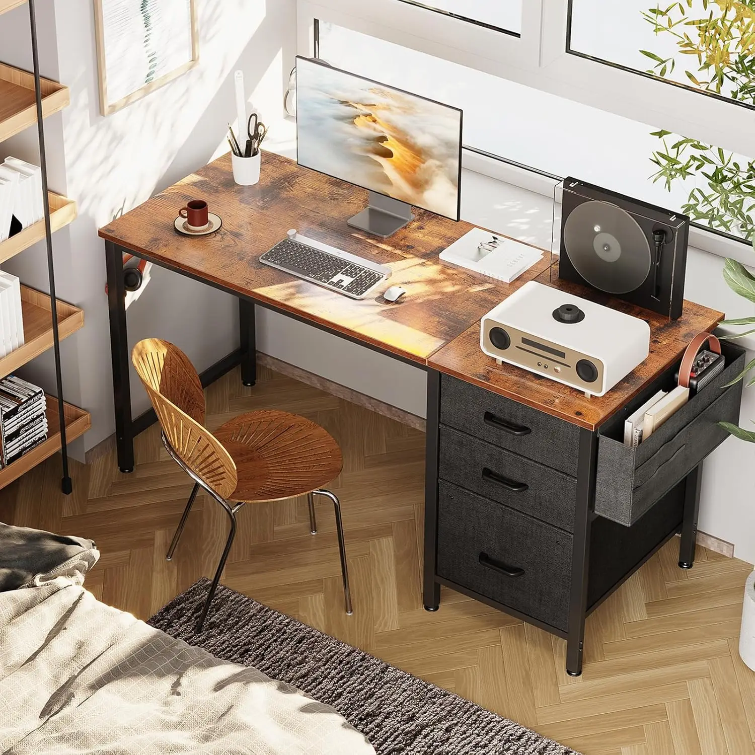 48" Home Office Desk with Fabric Drawers, File Cabinet, Storage Bag & Hook, Writing Table for Small Spaces - Vintage