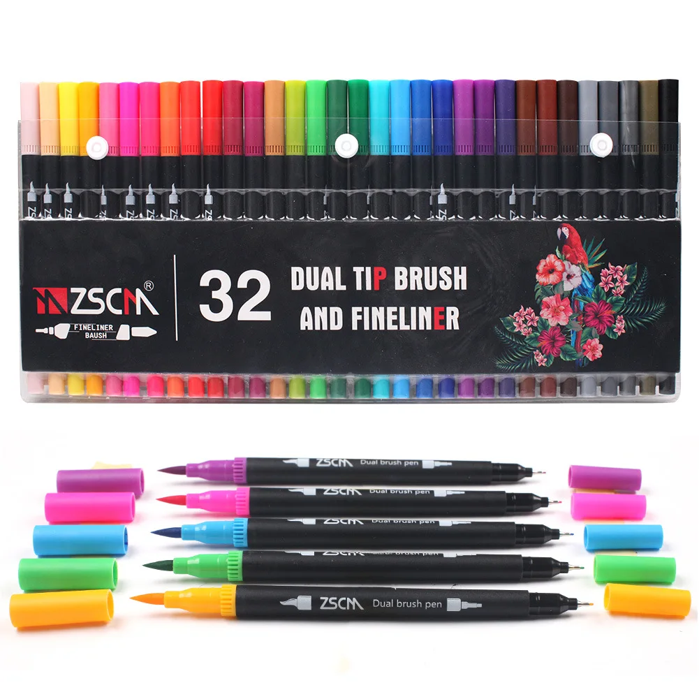 32 Colors Duo Tip Brush Markers Art Pen Set, Artist Fine and Brush Tip Colored Pens, for Kids Adult Coloring Books Christmas glitter pen glitter gel pen set 24 48 100 colors neon marker pens for adult coloring book doodle diy greeting card painting