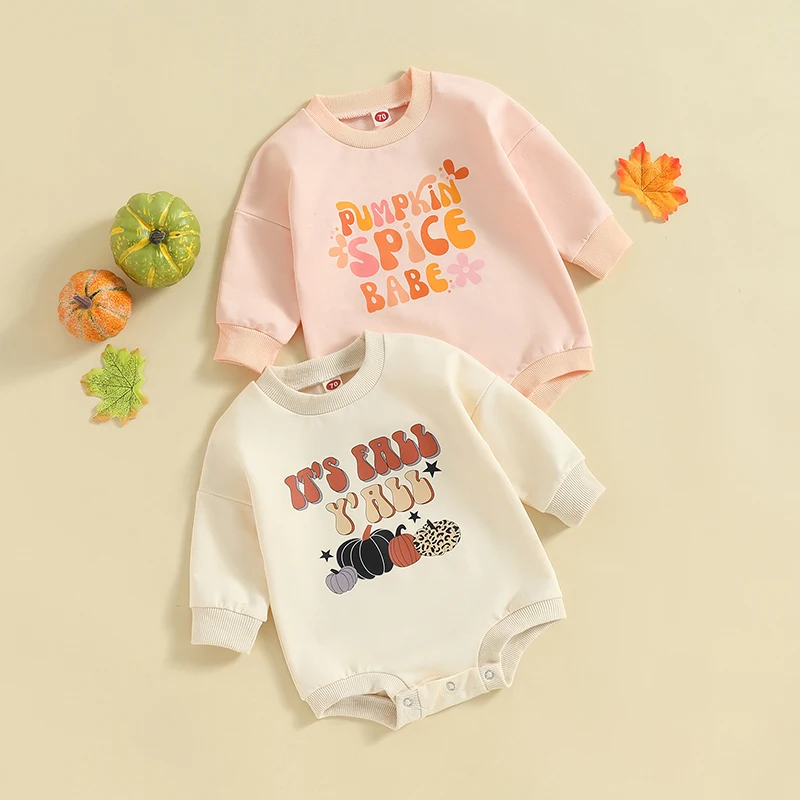 

Baby Sweatshirt Romper Long Sleeve Round Neck Pumpkin/Floral Letter Print Bodysuit Infant Fall Jumpsuits Outfit Clothes