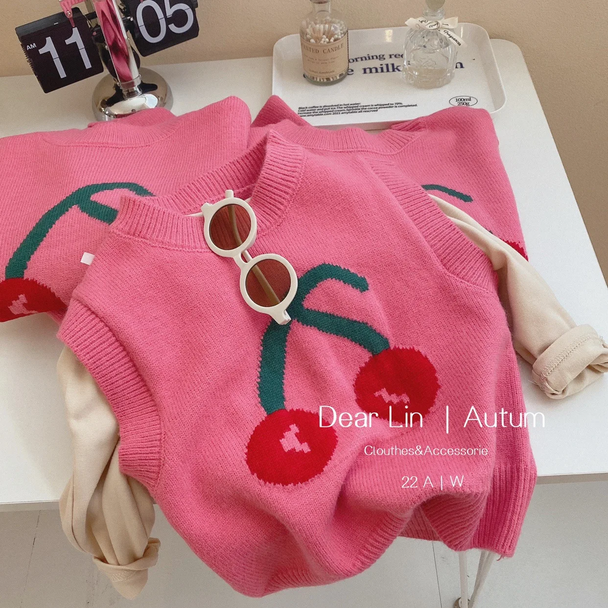 

Spring Cute Children's Clothing Girls Knitted Vest Children's Cherry Sweater Baby Outerwear Vest Pink Sweater Knitted Pullover