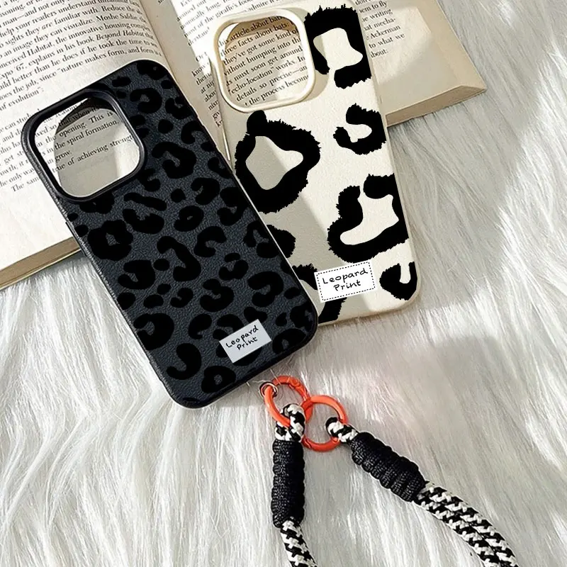 Leopard Print Lanyard Strap Phone Case with Lichee Pattern Cover
