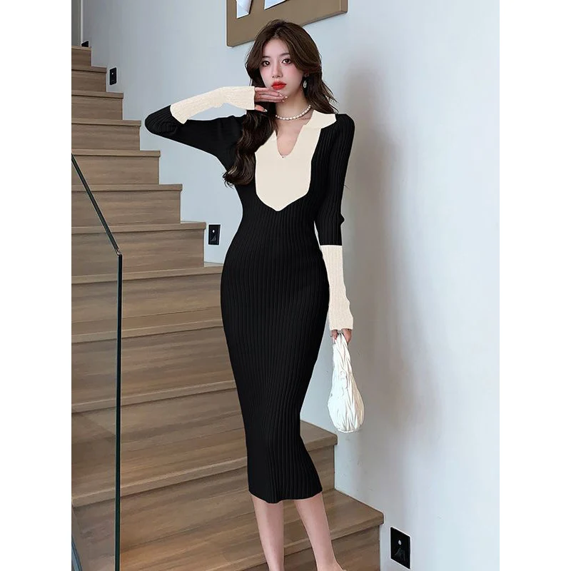 

TFETTERS Brand Bodycon Dress for Women 2023 Autumn and Winter V-neck Collar Knitted Dress Slim Fit Contrast Color Sweater Dress