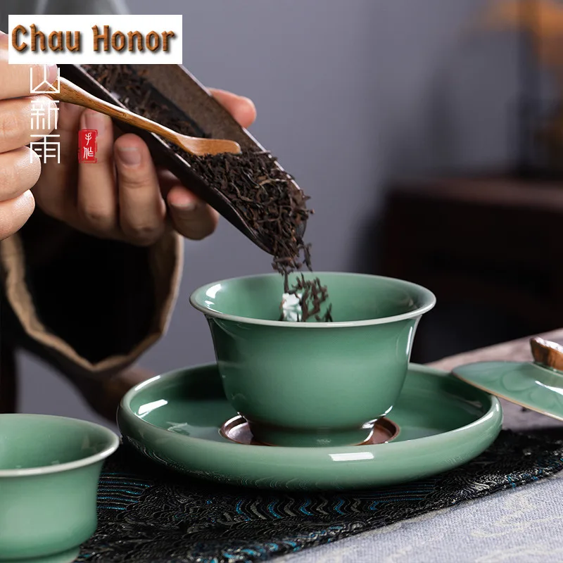 180ml Handmade Celadon Lotus Pond Gaiwan Ancient Tea Tureen Tea Bowl With Lid Kit Tea Making Cover Bowl Tableware Ornaments Gift