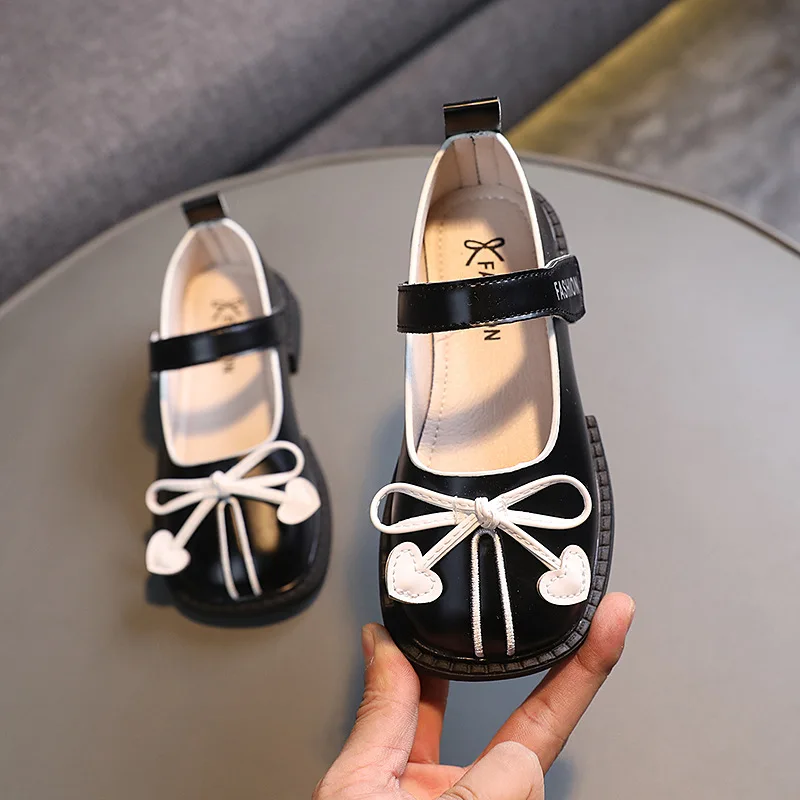 

Baby Black Leather Shoes Girls Soft-soled Single Shoes 2023 New Autumn Fashion Bow Princess Children's Shoes H589