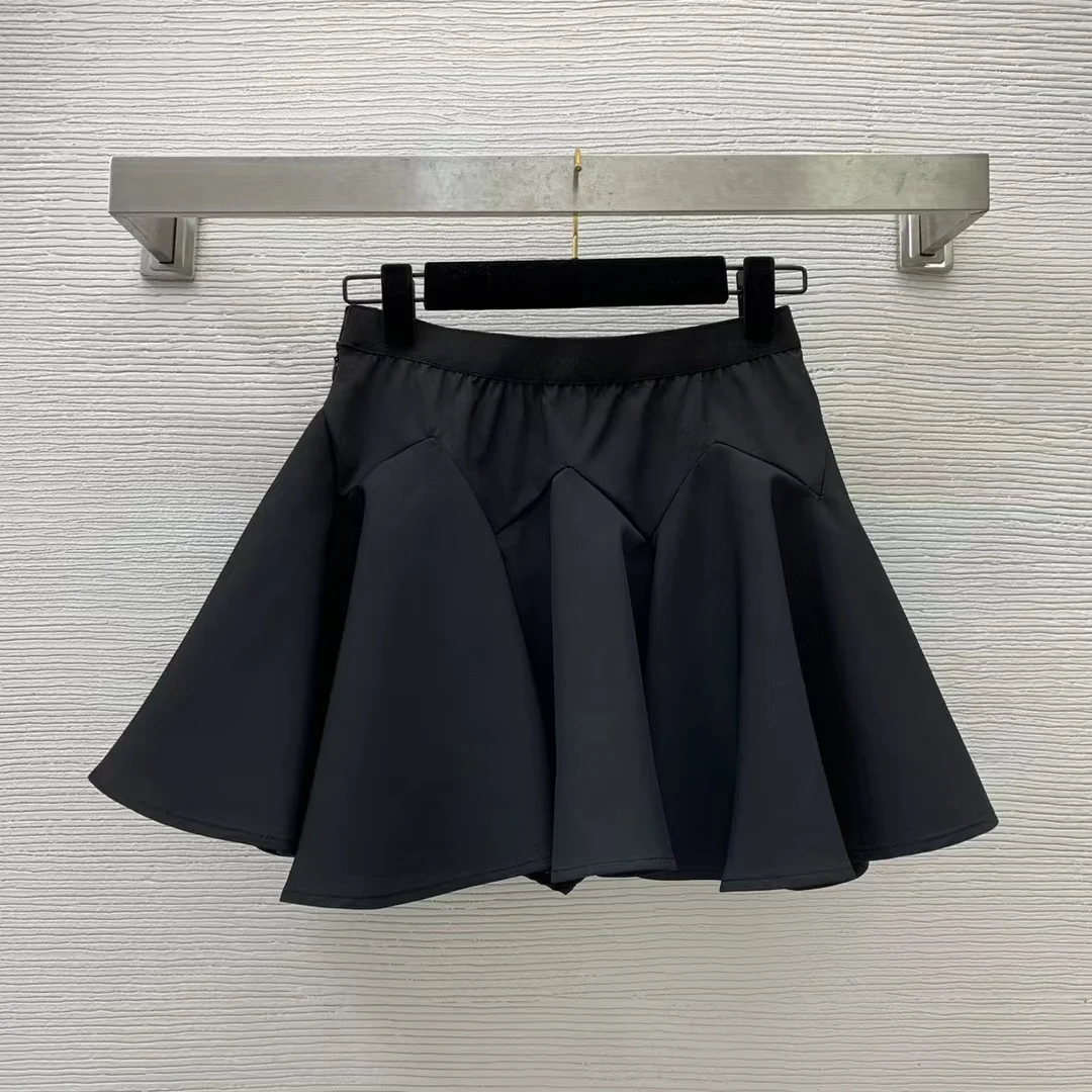 2023 Spring/Summer Women's Ribbon Splice Elastic Waist Fluffy Black Half Skirt WNS23041273100